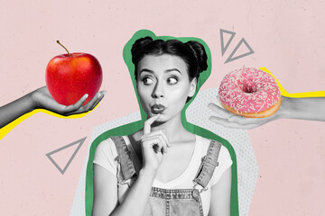 Artwork collage image of minded black white effect girl pick select two arms hold fresh apple...