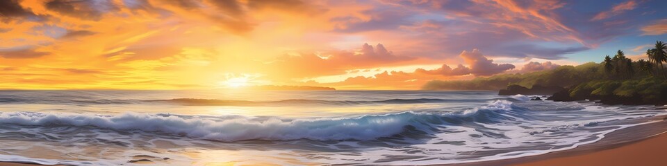 A breathtaking view unfolds as the sun sets over a paradise beach. The golden hues of the sky blend with the turquoise waters, creating a mesmerizing display of colors. 