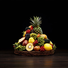 Still life photography of a variety of fruits arranged on a wooden table with a black background.