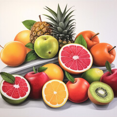 Naklejka na ściany i meble An illustration of a variety of fruits, including apples, oranges, pineapples, and kiwi, in a realistic style with vibrant colors.