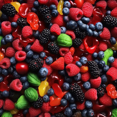 Close-up of a pile of colorful gummy bears and berries.