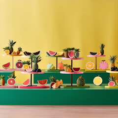Colorful still life of various fruits on green and yellow background, 3d render.