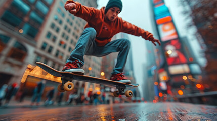 Wide closeup photo from below, an active skateboarder performing at a middle of city, action in the air with jeans and orange color jersey  - obrazy, fototapety, plakaty