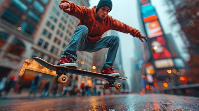 Wide closeup photo from below, an active skateboarder performing at a middle of city, action in the air with jeans and orange color jersey 