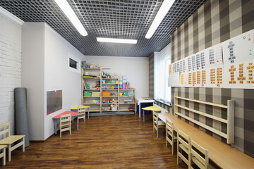  Playroom with shelves in Family Club created to develop the creative abilities and intelligence of child - obrazy, fototapety, plakaty
