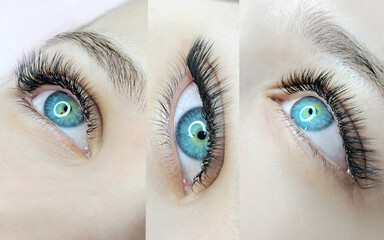  eye with eyelash extensions ,beauty salon treatment .macro.collage.