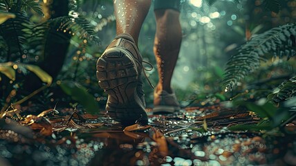 a forest trail run with an image showcasing unbranded running shoes, highlighting the realism of the highly detailed forest floor in exquisite detail. - obrazy, fototapety, plakaty