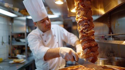 A professional chef in a traditional white hat skillfully slices meat from a rotating shawarma...