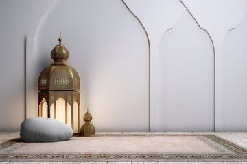 3D rendering of a prayer mat and a lantern with a white background in an arch-shaped frame. - obrazy, fototapety, plakaty