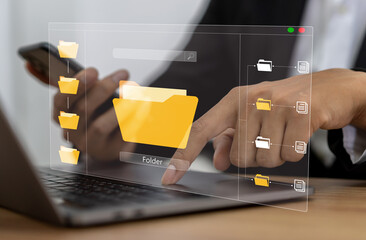 Human use laptop with online cloud document file management, information, system, DMS, online documentation database, manage files, enterprise with ERP.search and manage document business technology © JOURNEY STUDIO7