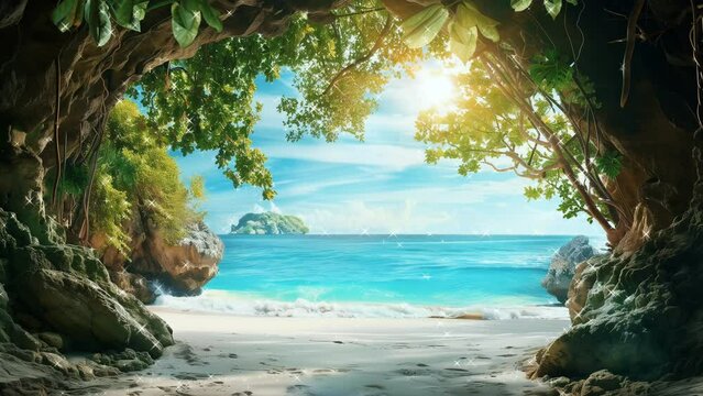 beach with palm trees, background, 8k, animation video, Seamless looping, footage, generative Ai