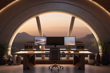 Futuristic home office interior with panoramic window, plants, and large desk with multiple monitors and speakers. - obrazy, fototapety, plakaty