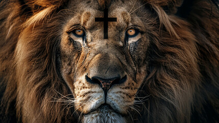 Naklejka premium leão, dentro dos seus olhos a silhueta da cruz de Cristo