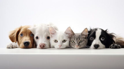 A row of cats and dogs peeking out at a white table on a white background. Poster or banner mockup for a veterinary clinic or pet store.