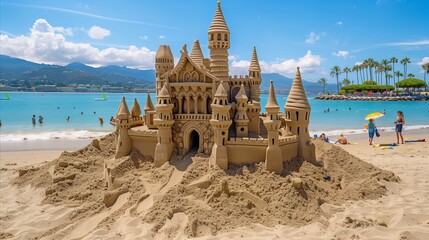 Intricate sandcastle at the beach on a sunny day