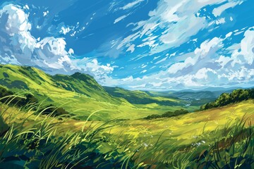 Summer fields, hills landscape, green grass, blue sky with clouds anime style