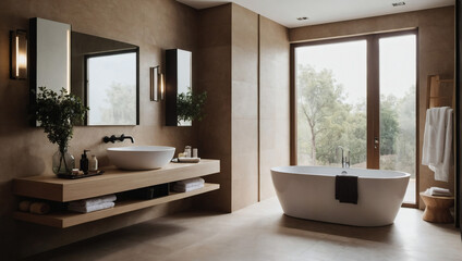 Modern beige bathroom interior accentuated by a chic sink fixture, blending simplicity with sophistication for a harmonious bathing experience.