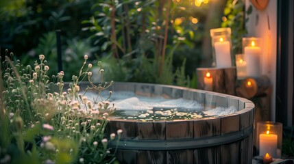 Serene outdoor spa setting with candles and greenery