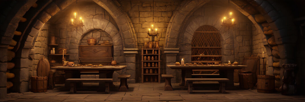 A digital painting of a medieval tavern interior with stone walls, wooden furniture, and candlelight.