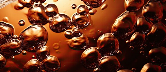 A close up of a metal soda bottle with amber liquid inside, bubbles fizzing to the top. The...
