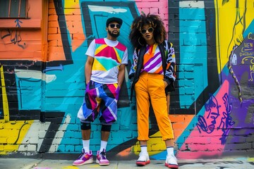 Energetic couple in vibrant, sporty attire, dynamic urban backdrop, bright colors and bold patterns, candid