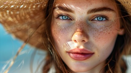 Close-up of a sun-kissed woman with a straw hat