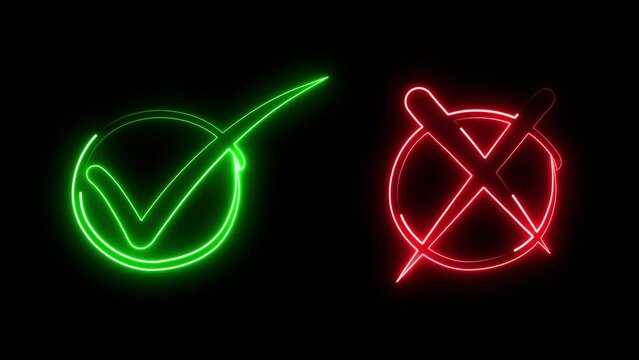 Glowing Doodle Style Neon Animated True and False symbols accept rejected for evaluation Modern icons style isolated on Black Background. Illuminated Glowing Neon X and Tick signs set animations. 