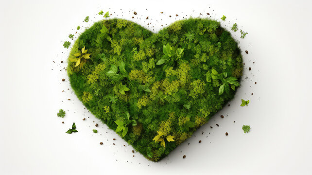 Heart made of green plants on a white background. Environment protection.