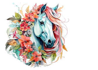 A painting a horse head with colorful tropical flowers. Mammals. Wildlife Animals.