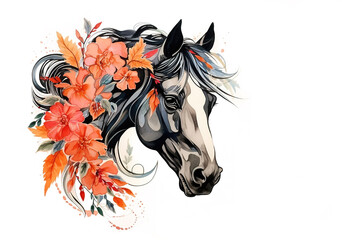 Fototapeta na wymiar A painting a black horse head with colorful tropical flowers. Wildlife Animals.
