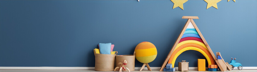 Blue wall with rainbow tent and colorful toys in front of it - obrazy, fototapety, plakaty