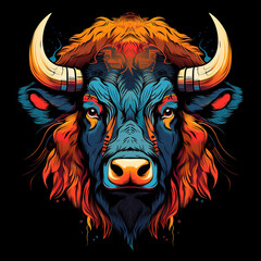Painting colorful of a bison head on black background. Mammals. Wild Animals. Illustration, Generative AI.