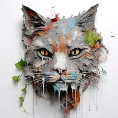 Sculpture and painting street art of cat head full of colorful colors and covered with leaves and grass. on the old wall. Pet. Animals. Illustration, Generative AI.