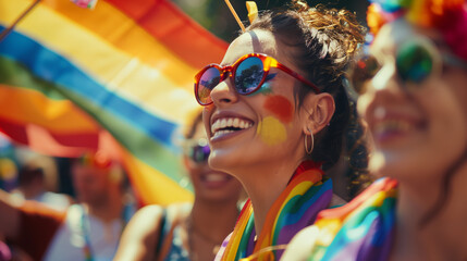 two happy lesbien woman at the pride festival with lmbtq flag smiling 