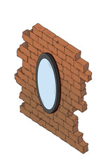 mirror hanging on a brick wall drawing on a white background