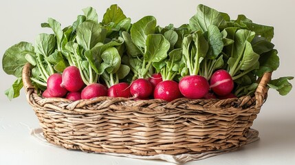 a bunch of radishes, whether in a basket, box, or on a napkin, isolated on a white background, offering ample space for accompanying text.