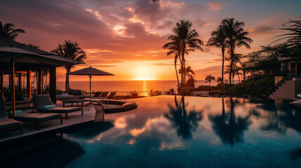 Fototapeta na wymiar sunset above a luxory tropical hotel swimming pool