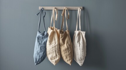 Reusable textile shopping bags on a wall hook - Powered by Adobe