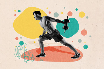 Composite image collage 3d sketch artwork of young guy athlete pump muscles press biceps triceps dumbbell exercise isolated on painted background