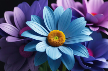 Fototapeta premium 3d gerber, chrysanthemums beautiful glowing flowers of blue, pink and violet colors. Trendy abstract flowers for design, florist, floral shops or weddings