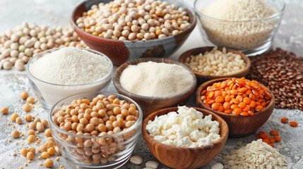 Fototapeta premium Mixed vegetarian high protein foods like cheese red lentil chickpea rice