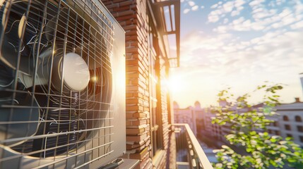 Air heat pump for cooling or heating a house on the wall of a building. Reliable and versatile: This air heat pump is designed to adapt to your changing climate needs. - obrazy, fototapety, plakaty