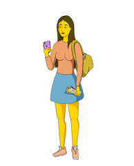 girl with a phone in her hands on a white background