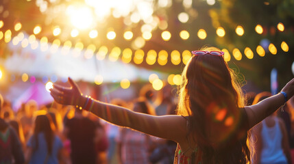a young woman arrive to the festical in the sunset light and really happy