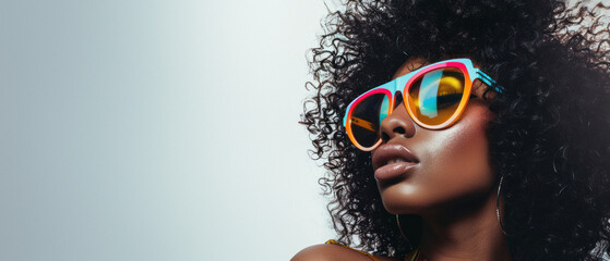 An exquisite image of a woman showcasing vibrantly colored sunglasses embodying modern fashion and...