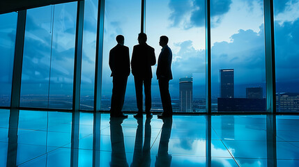 silhouette of businesmans in the window view to the city