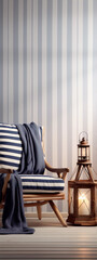 Blue and white striped armchair and lantern in front of striped wallpaper