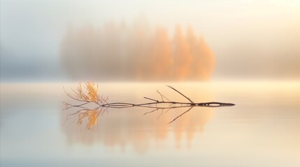 Serene lake at dawn with reflecting branches and mist