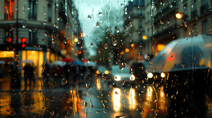 Rainy day in a cozy place in the city look at the waterdrops on the window glass and the citylights