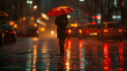 A woman alone with a red umbrella walking in the rainy city at night